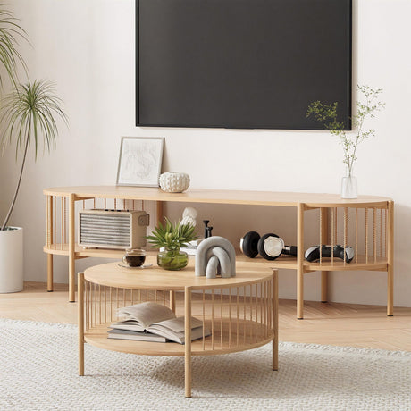 Bicheno pine TV unit and coffee table set with rope profile metal detailing in a living room