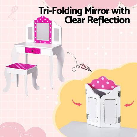 Keezi Kids Dressing Table and Chair Set — Pink, Three-Panel Folding Mirror and Drawer — Allure Home Collections
