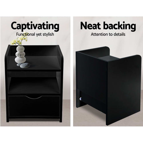 Wilsons Creek Bedside Table with Drawer and Shelf, Black