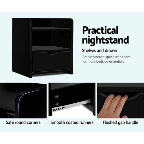 Wilsons Creek Bedside Table with Drawer and Shelf, Black