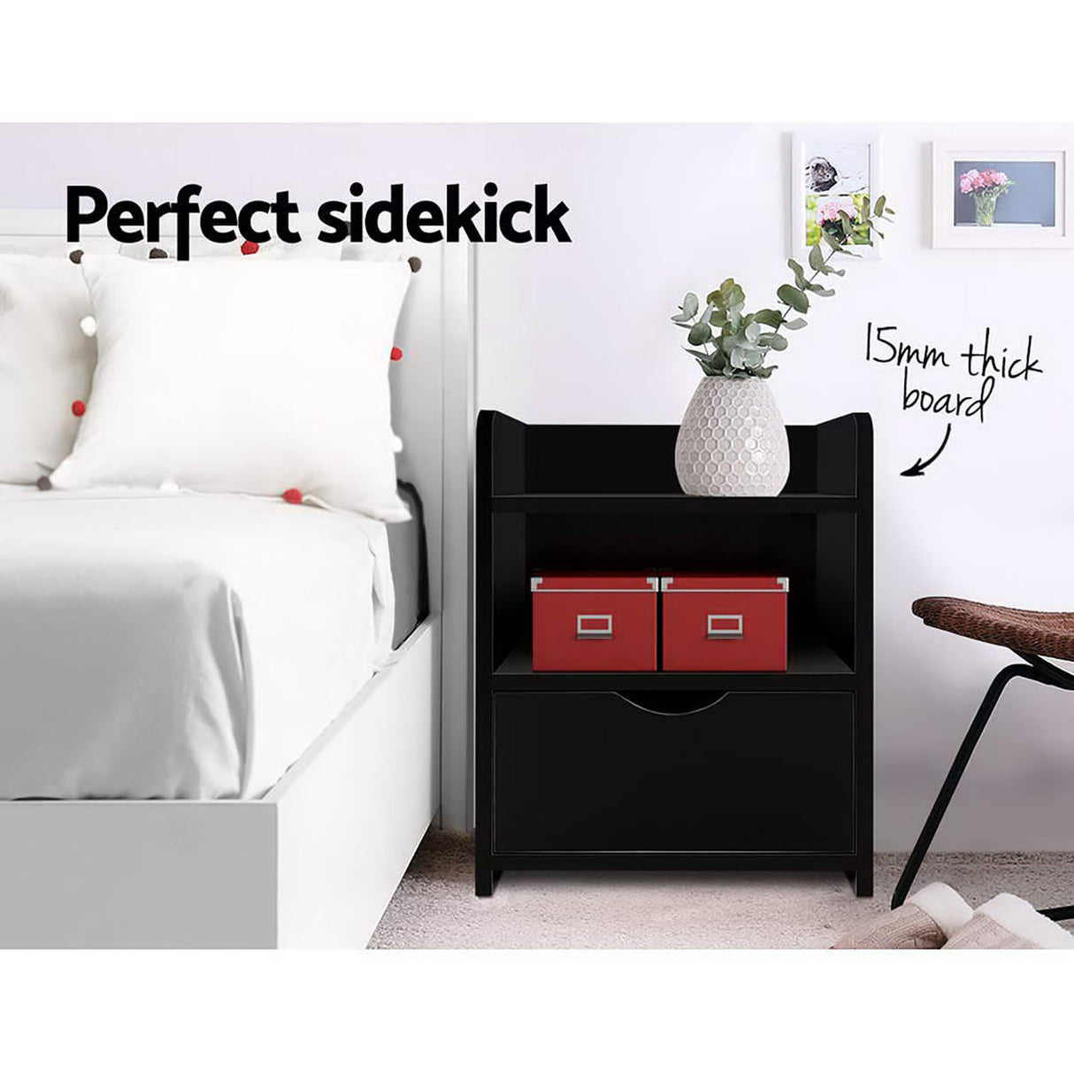 Wilsons Creek Bedside Table with Drawer and Shelf, Black 2pcs