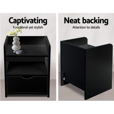Wilsons Creek Bedside Table with Drawer and Shelf, Black 2pcs