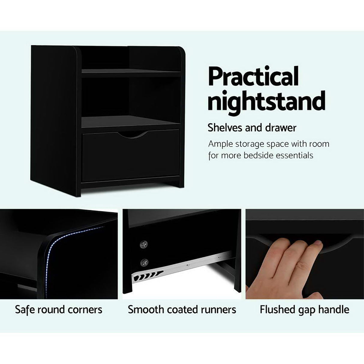 Wilsons Creek Bedside Table with Drawer and Shelf, Black 2pcs