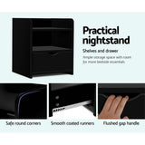 Wilsons Creek Bedside Table with Drawer and Shelf, Black 2pcs