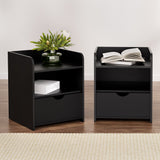 Wilsons Creek Bedside Table with Drawer and Shelf, Black 2pcs