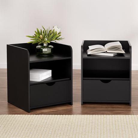 Wilsons Creek Bedside Table with Drawer and Shelf, Black 2pcs