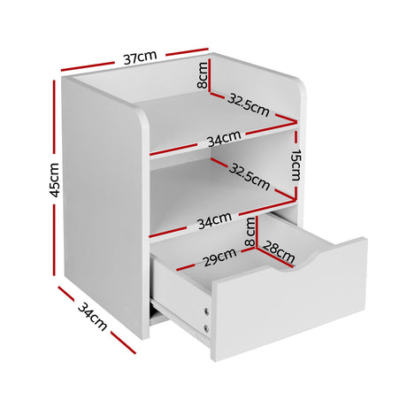 Wilsons Creek Bedside Table with Drawer and Shelf, White 2pcs