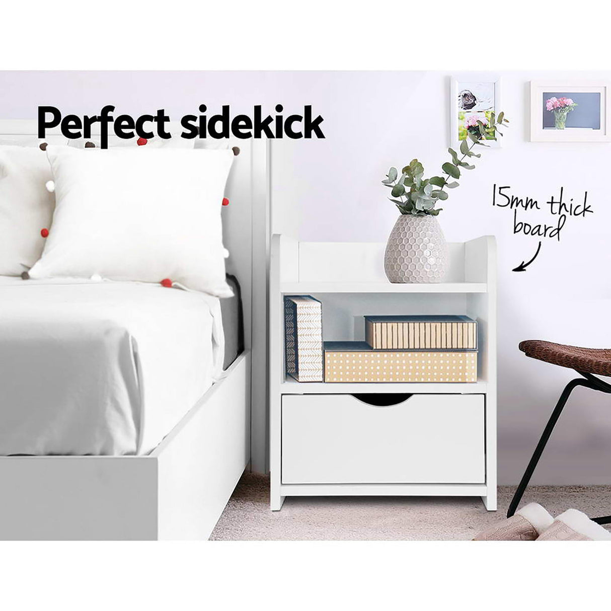 Wilsons Creek Bedside Table with Drawer and Shelf, White 2pcs
