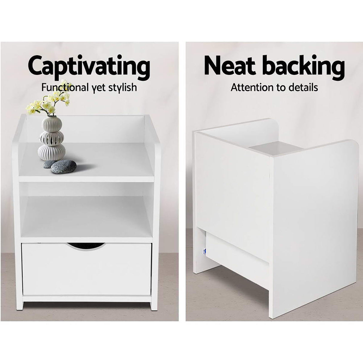 Wilsons Creek Bedside Table with Drawer and Shelf, White 2pcs