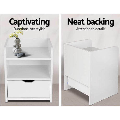Wilsons Creek Bedside Table with Drawer and Shelf, White 2pcs