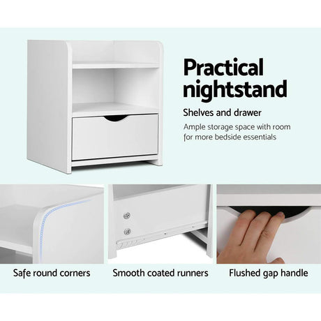 Wilsons Creek Bedside Table with Drawer and Shelf, White 2pcs