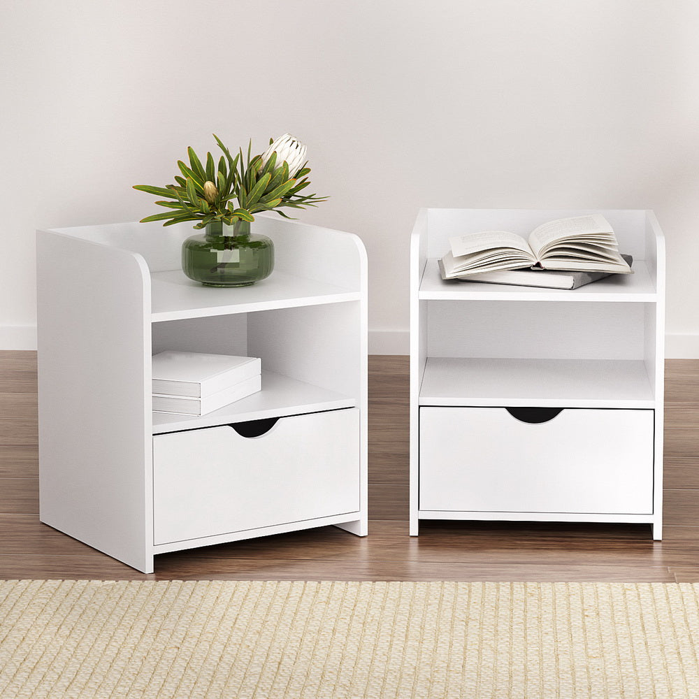 Wilsons Creek Bedside Table with Drawer and Shelf, White 2pcs