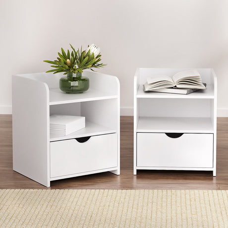 Wilsons Creek Bedside Table with Drawer and Shelf, White 2pcs