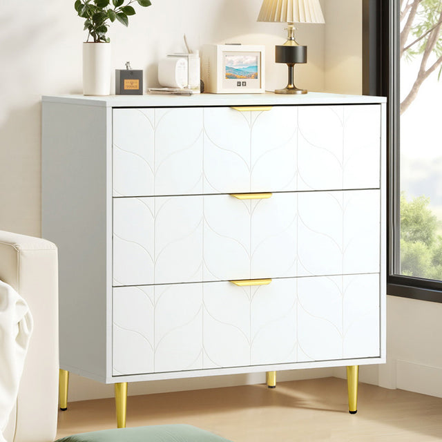 Artiss 3-Drawer Lowboy Cabinet in White — Carved Pattern with Metal Handles — Allure Home Collections
