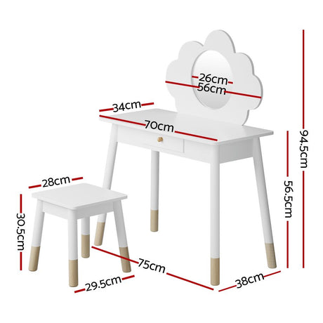 Kids Dressing Table and Stool Set, Cloud Design, White