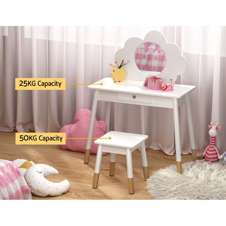 Kids Dressing Table and Stool Set, Cloud Design, White