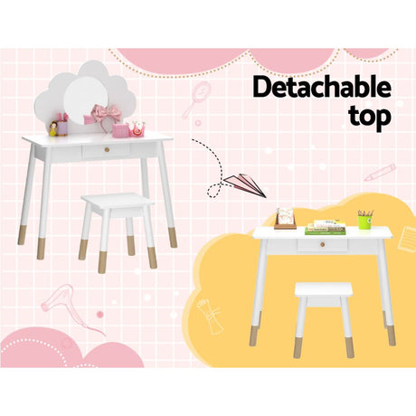 Kids Dressing Table and Stool Set, Cloud Design, White
