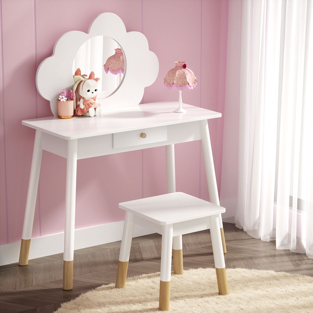 Kids Dressing Table and Stool Set, Cloud Design, White