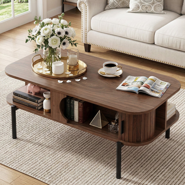 Steels Creek walnut wood coffee table in a modern living room