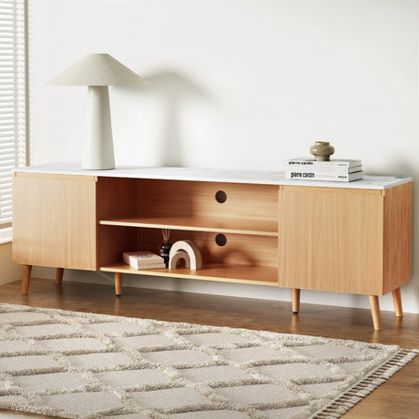 Swansea 180cm white entertainment unit with marble effect top and pine wood legs in a modern living room