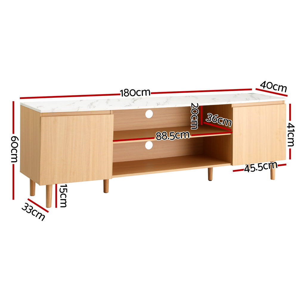 Swansea 180cm white entertainment unit with marble effect top and pine wood legs in a modern living room