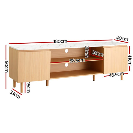 Swansea 180cm white entertainment unit with marble effect top and pine wood legs in a modern living room