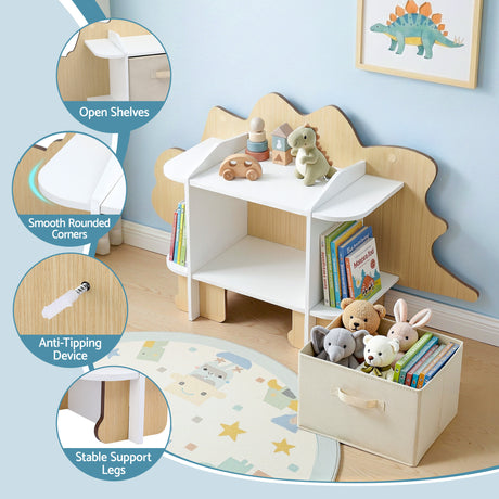Dinosaur Kids Bookshelf with Fabric Drawer, 2 Tier