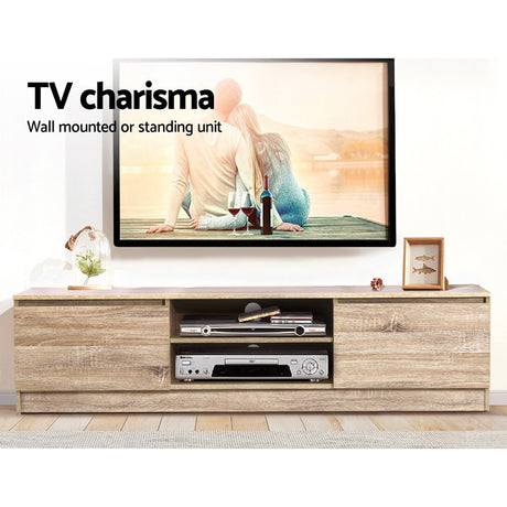 Triabunna 160cm pine entertainment unit with open and closed storage in a modern living room