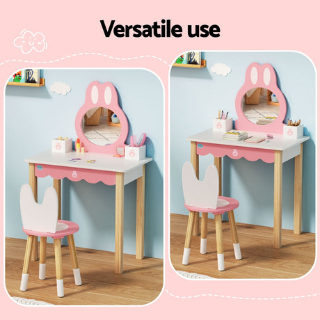 Keezi Kids Dressing Table Set — Bunny Ear Design, Pink MDF with Pinewood Legs — Allure Home Collections