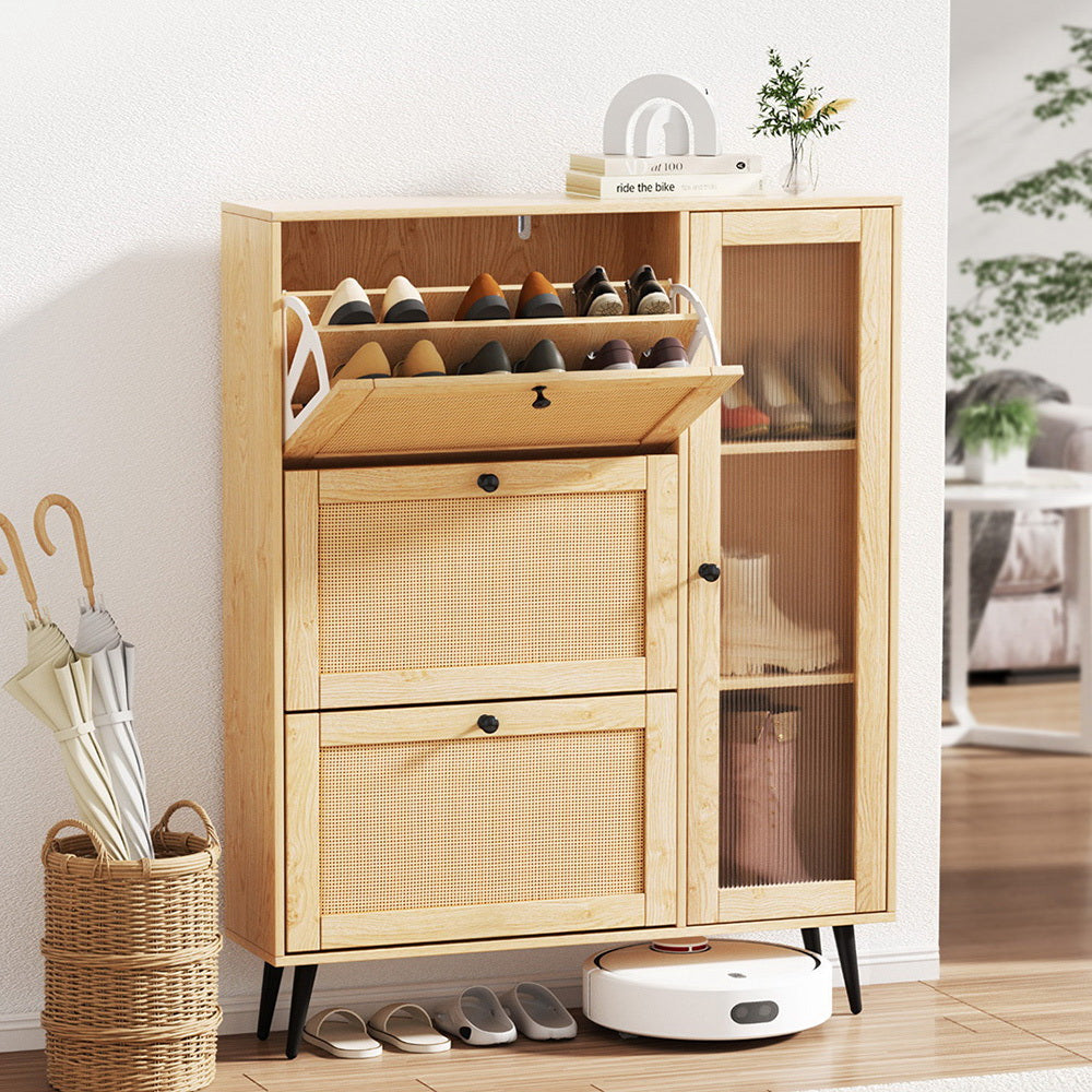 Artiss Pine Shoe Rack Cabinet with 3 Flip-Out Drawers and Fluted Glass Door — Allure Home Collections