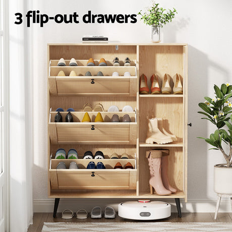 Artiss Pine Shoe Rack Cabinet with 3 Flip-Out Drawers and Fluted Glass Door — Allure Home Collections