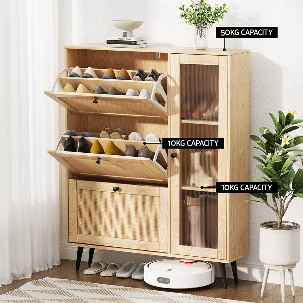 Artiss Pine Shoe Rack Cabinet with 3 Flip-Out Drawers and Fluted Glass Door — Allure Home Collections