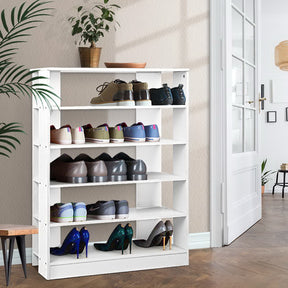 Reid white six tier shoe rack cabinet holding 30 pairs in a modern entryway