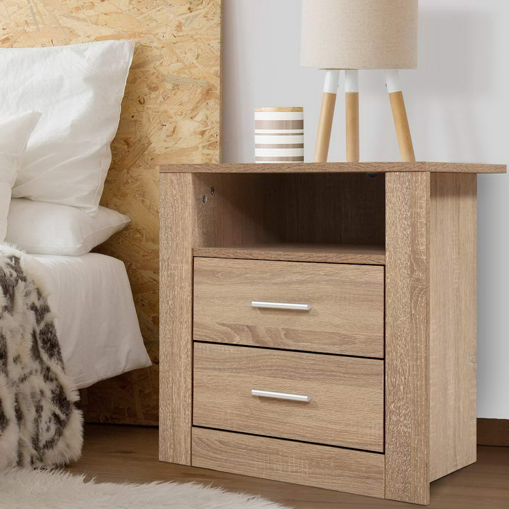 Pottsville Beach 2 Drawer Shelf Bedside Table, Oak