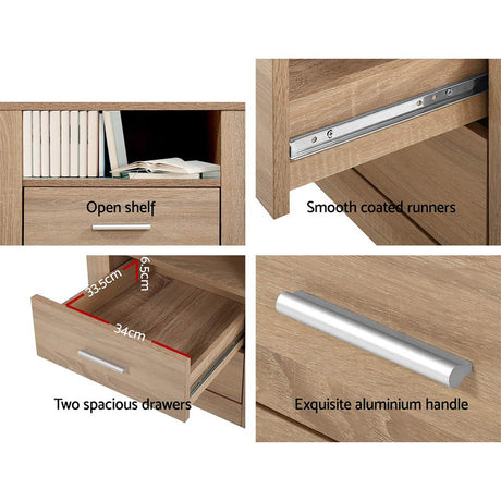 Pottsville Beach 2 Drawer Shelf Bedside Table, Oak 2pcs