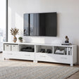 Orford 180cm white modular entertainment unit shown as one long television stand in a modern living room