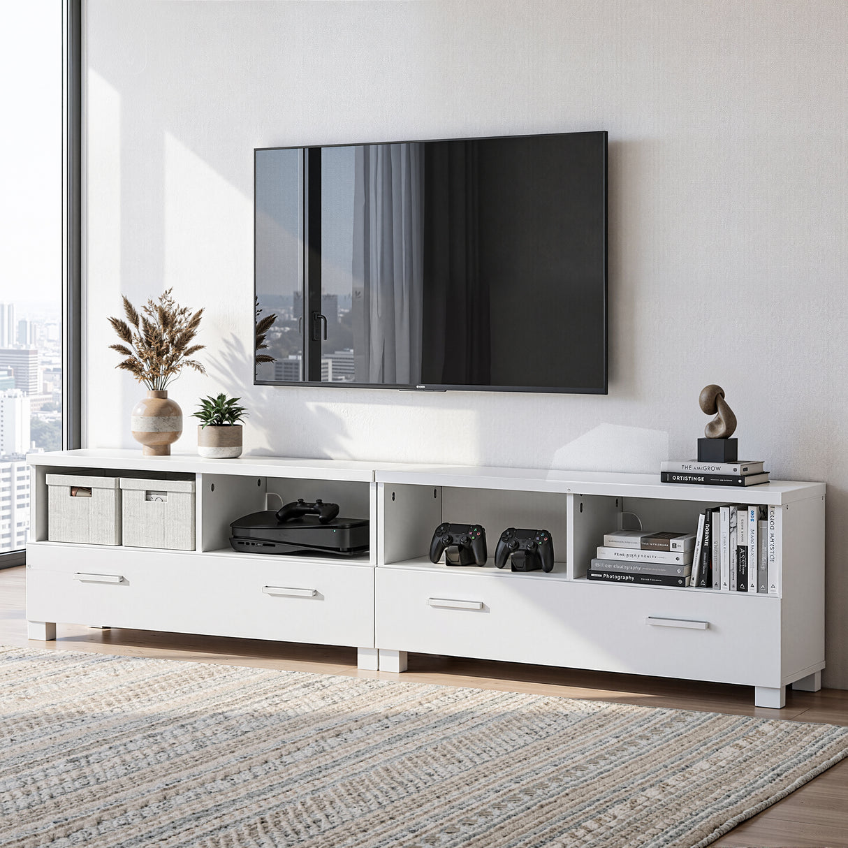 Orford 180cm white modular entertainment unit shown as one long television stand in a modern living room
