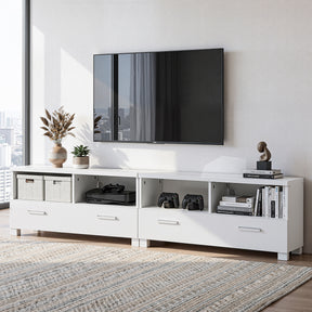 Orford 180cm white modular entertainment unit shown as one long television stand in a modern living room