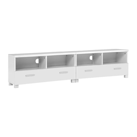 Orford 180cm white modular entertainment unit shown as one long television stand in a modern living room