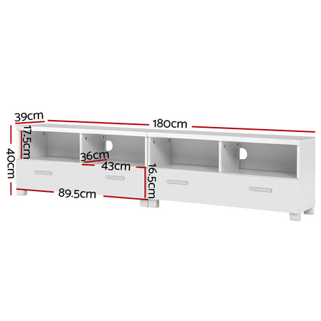 Orford 180cm white modular entertainment unit shown as one long television stand in a modern living room