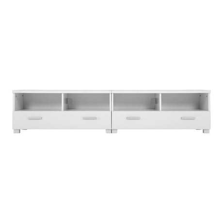 Orford 180cm white modular entertainment unit shown as one long television stand in a modern living room
