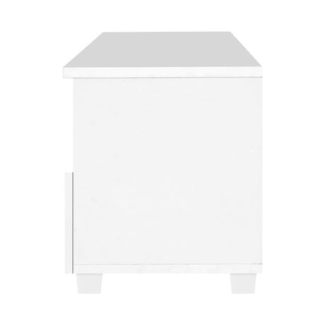Orford 180cm white modular entertainment unit shown as one long television stand in a modern living room