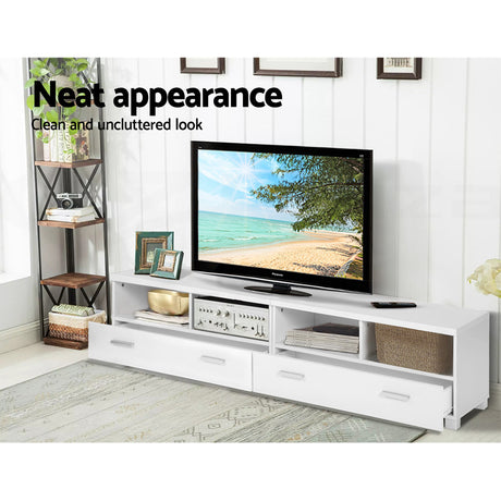 Orford 180cm white modular entertainment unit shown as one long television stand in a modern living room