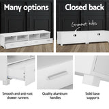 Orford 180cm white modular entertainment unit shown as one long television stand in a modern living room
