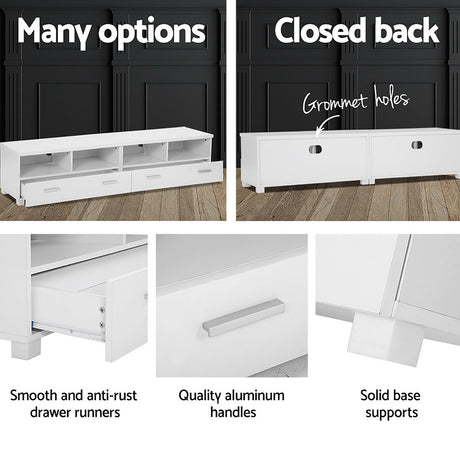 Orford 180cm white modular entertainment unit shown as one long television stand in a modern living room