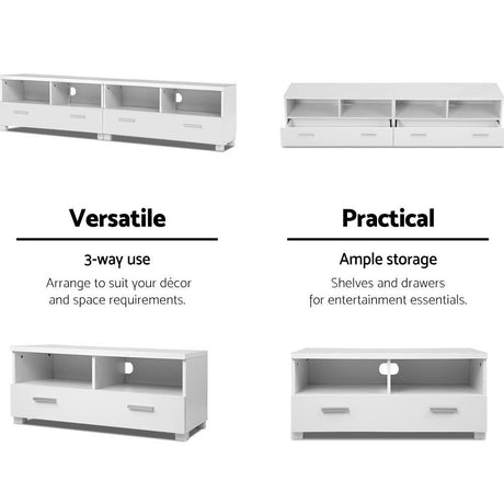 Orford 180cm white modular entertainment unit shown as one long television stand in a modern living room