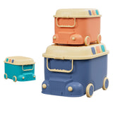 Three piece car shaped toy storage box set in blue, orange and green