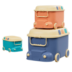 Three piece car shaped toy storage box set in blue, orange and green