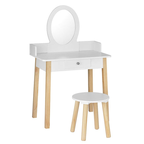 Kids Dressing Table and Stool Set, Wooden Legs, White