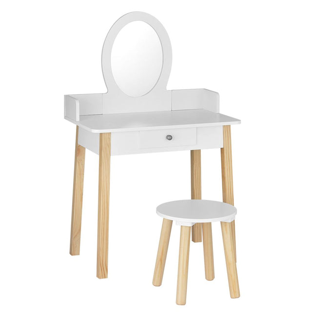 Kids Dressing Table and Stool Set, Wooden Legs, White
